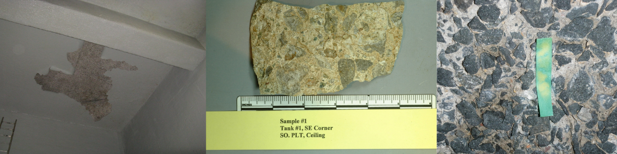 Figure 5. Large areas of headworks structure ceiling with lining delamination (left). Back side of delaminated lining (center). Substrate with pH lower than 9 (right).