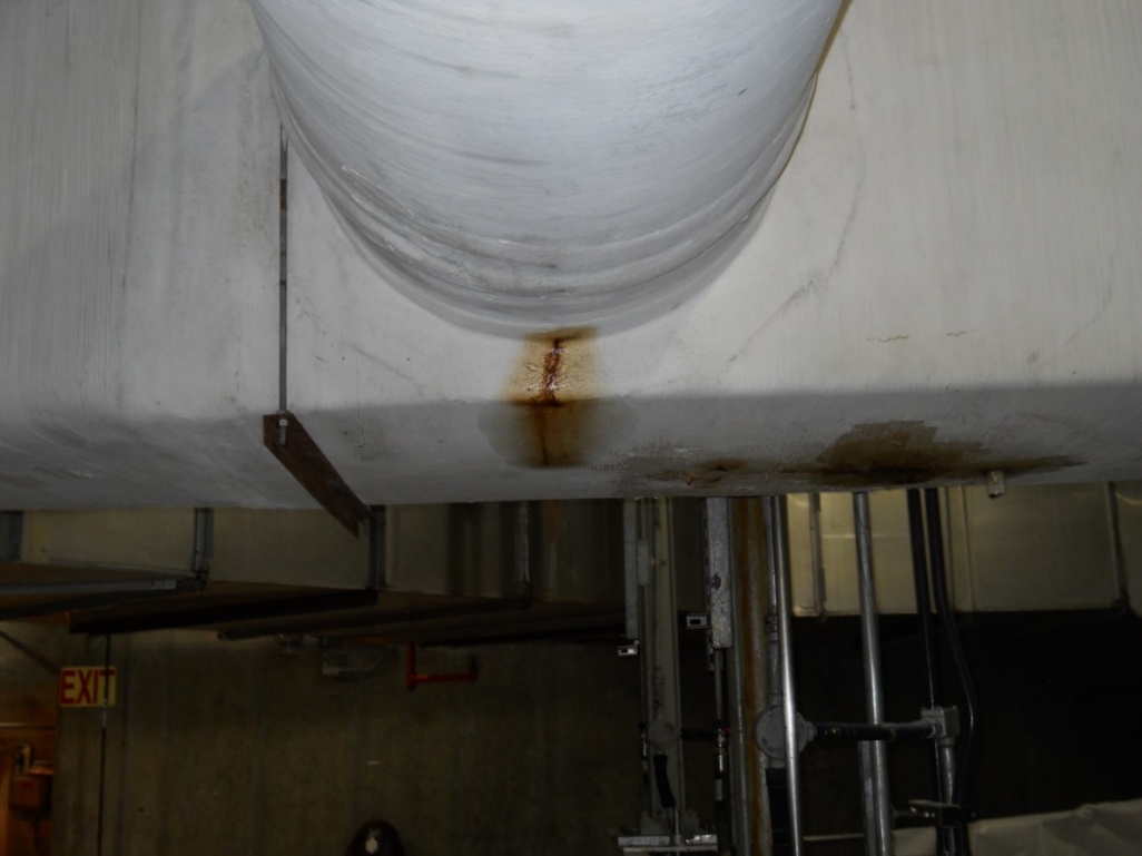 Figure 10. Leakage due to poor workmanship in construction of FRP duct transition.