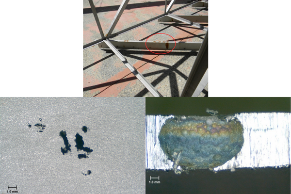 Figure 9. MIC Pitting and Perforation of 316L Stainless Steel on Primary Clarifier Scraper Blades; Attack Found Primarily at Rough Grinding Marks
